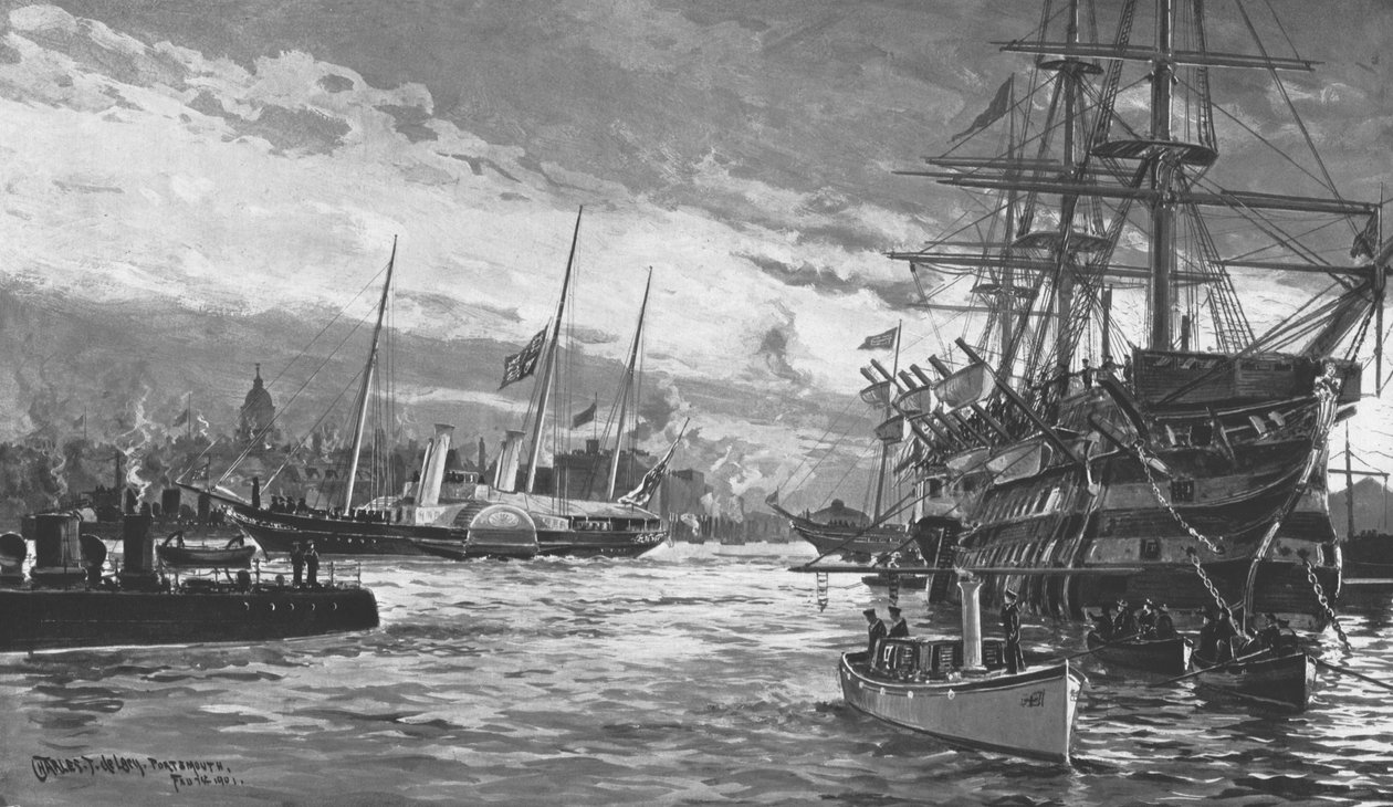 Pohřeb královny Viktorie...Royal Yacht Alberta vplouvající do přístavu Portsmouth...1901. od Charles John de Lacy