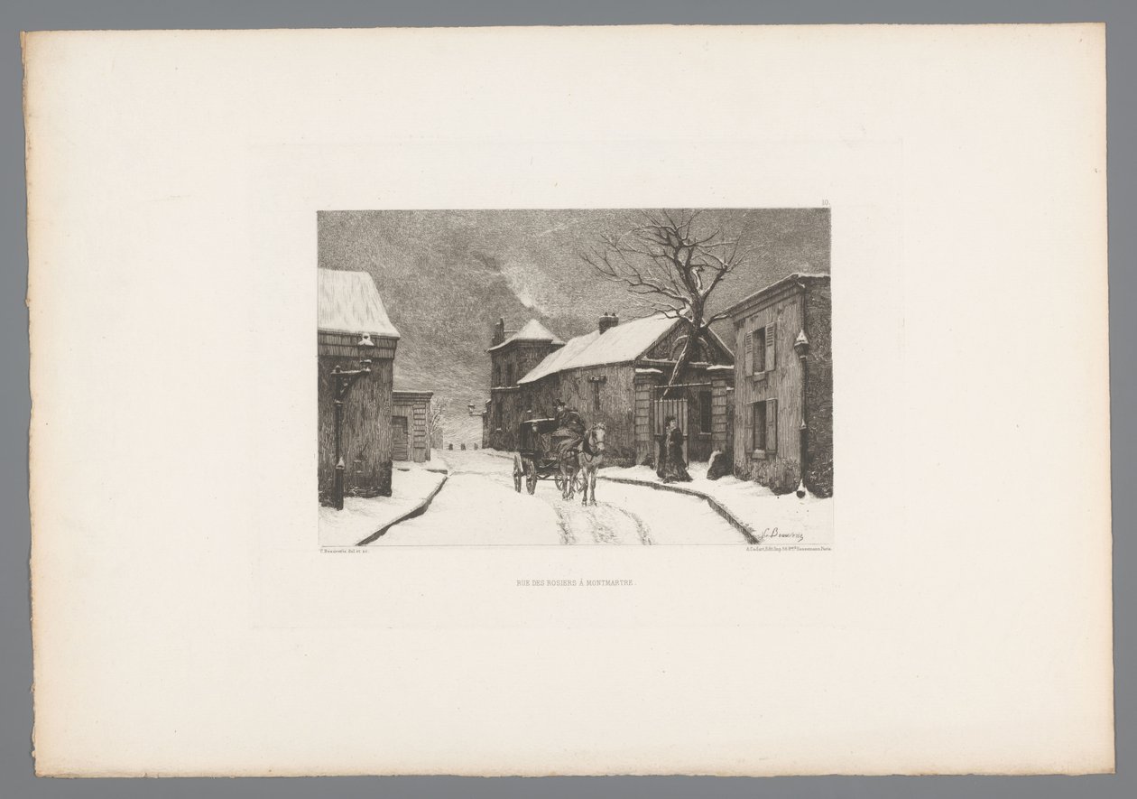 Gezicht op de Rue des Rosiers na Montmartru Rue des Rosiers na Montmartru (název na objektu) Francie etsen uit 1875 (název série) Lept v roce 1875 (název série) od Charles Joseph Beauverie