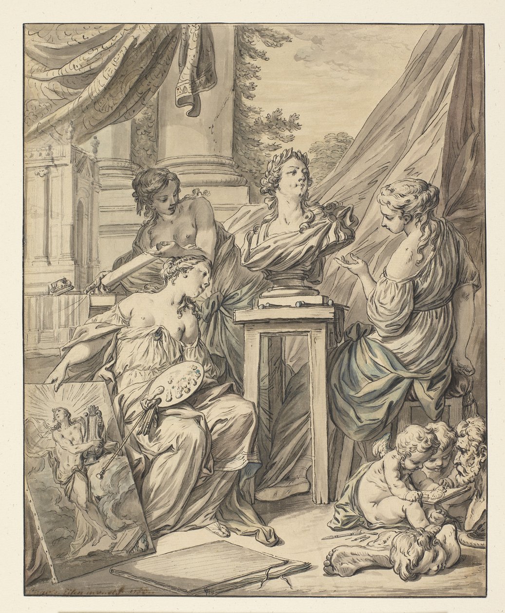 Výtvarné umění zosobněné třemi ženami, které se účastní oslavy své rekonvalescence pro Ludvíka XV, 1753 (tuš, křída a čb na papíře) od Charles Joseph Dominique Eisen