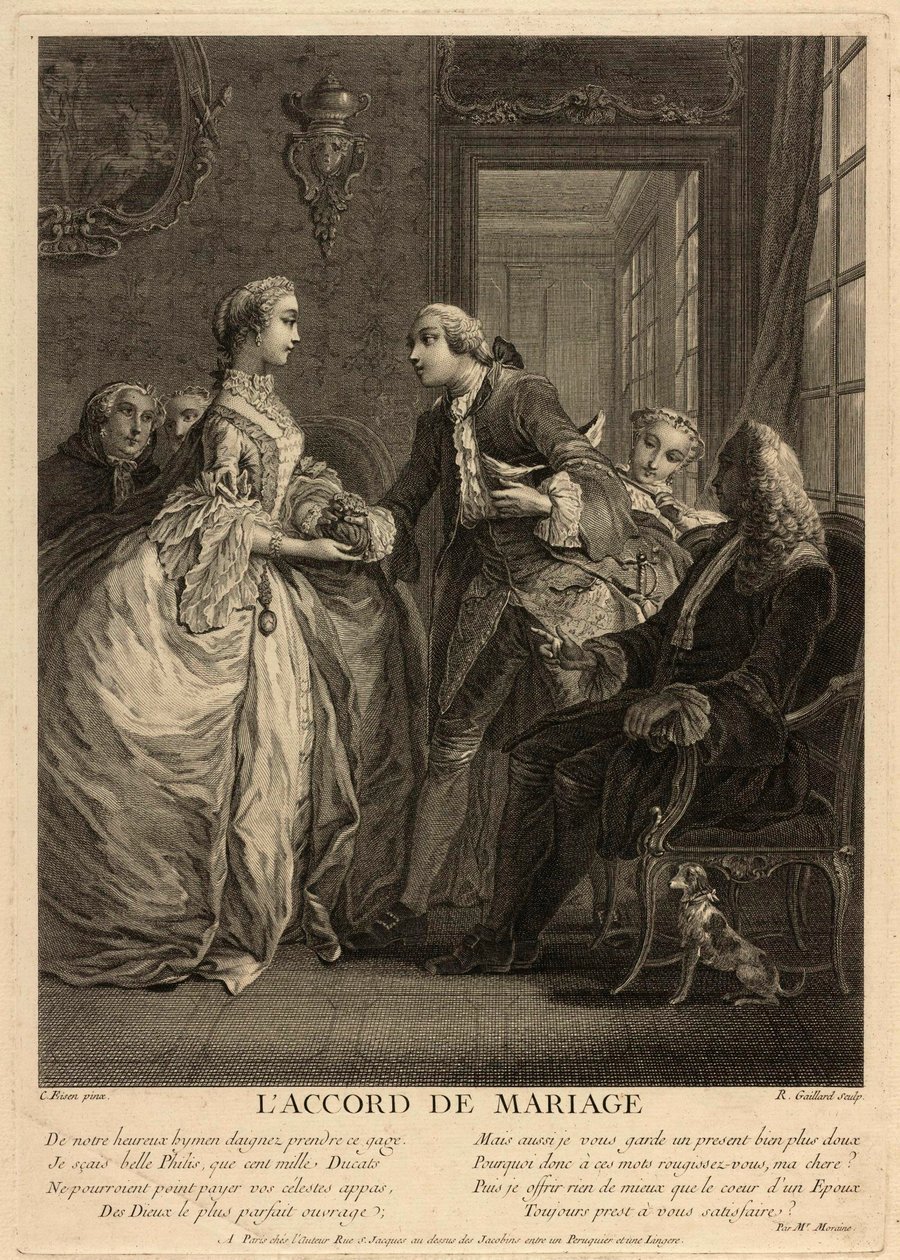Manželská dohoda. Mladý muž vloží peněženku do rukou mladé ženy, do očí dotčených lidí, notářů a rodičů. Dílo Charlese Eisena (1720-1778), rytina od Charles Joseph Dominique Eisen