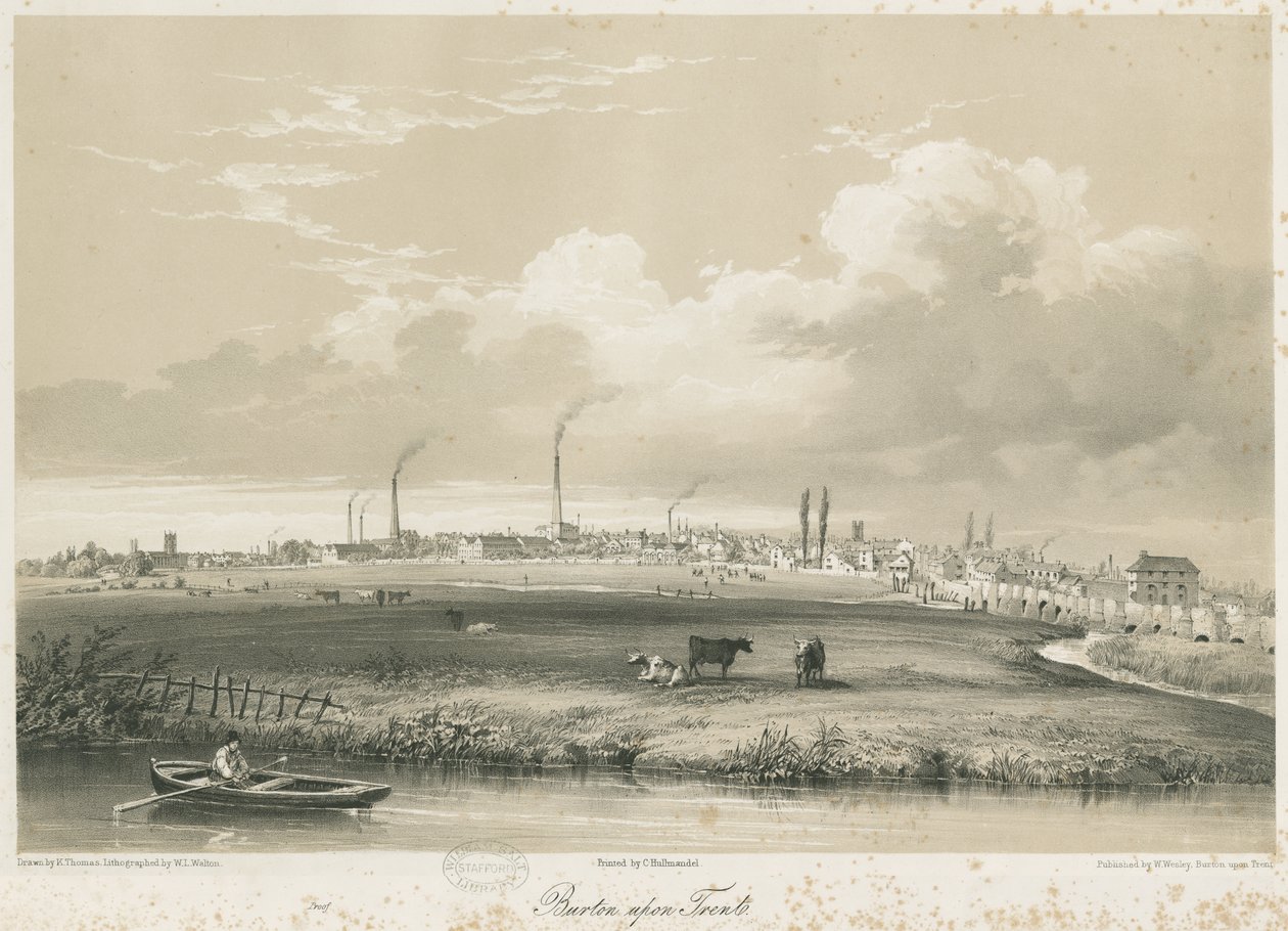 Burton-upon-Trent Bridge and Town: tónovaná litografie, nd [c 1840] od Charles Joseph Hullmandel