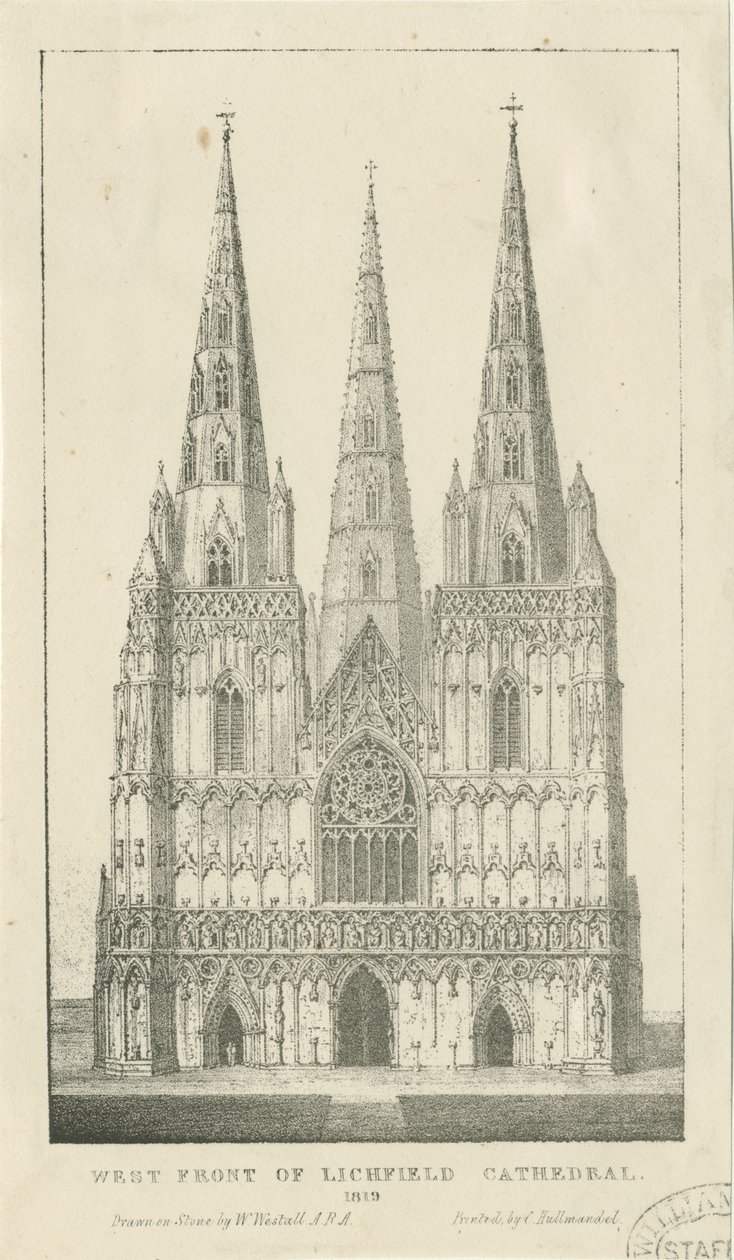 Katedrála Lichfield - západní fronta: rytina od Charles Joseph Hullmandel