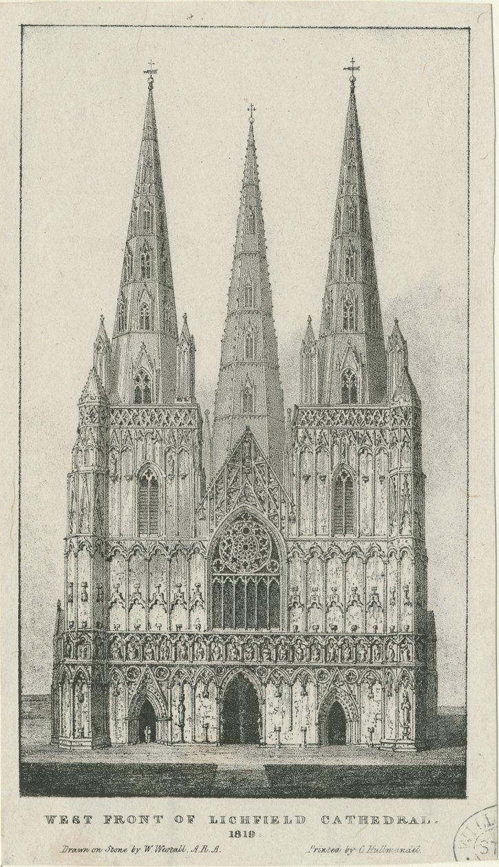 Katedrála Lichfield - Západní fronta: rytina, 1819 od Charles Joseph Hullmandel