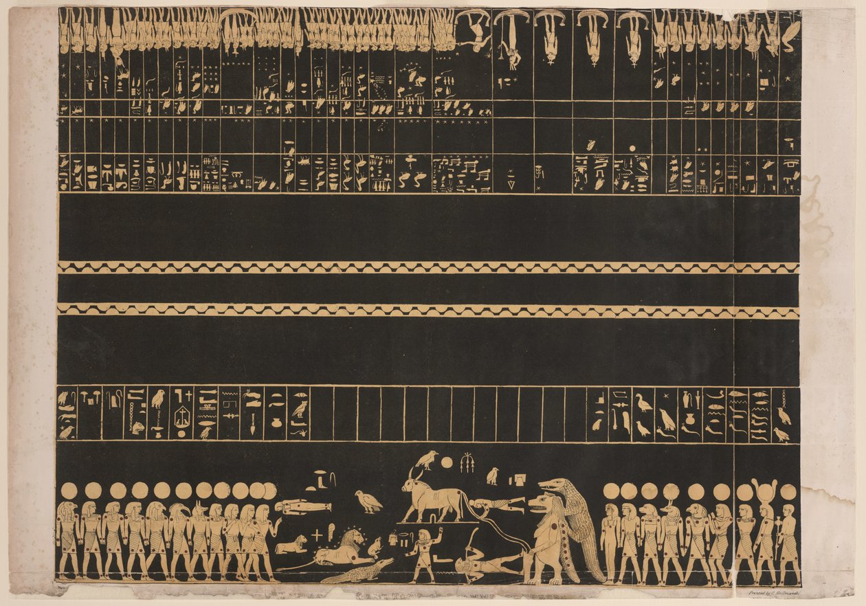 Zodiak z hrobky Psammis v Thébách, Nová říše, ilustrace z „Šest nových ilustrativních desek výzkumů a operací v Egyptě a Núbii, Giovanni Battista Belzoni od Charles Joseph Hullmandel