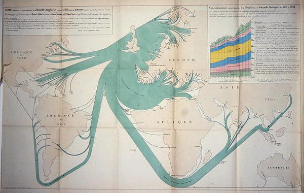 Mapa znázorňující export uhlí z Britských ostrovů v roce 1864 od Charles Joseph Minard