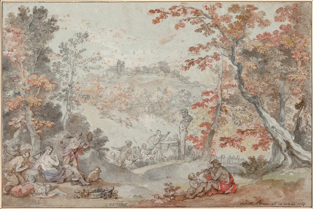 Italská podzimní krajina s horou Monte Porzio a obětí Panovi, 1763 od Charles Joseph Natoire