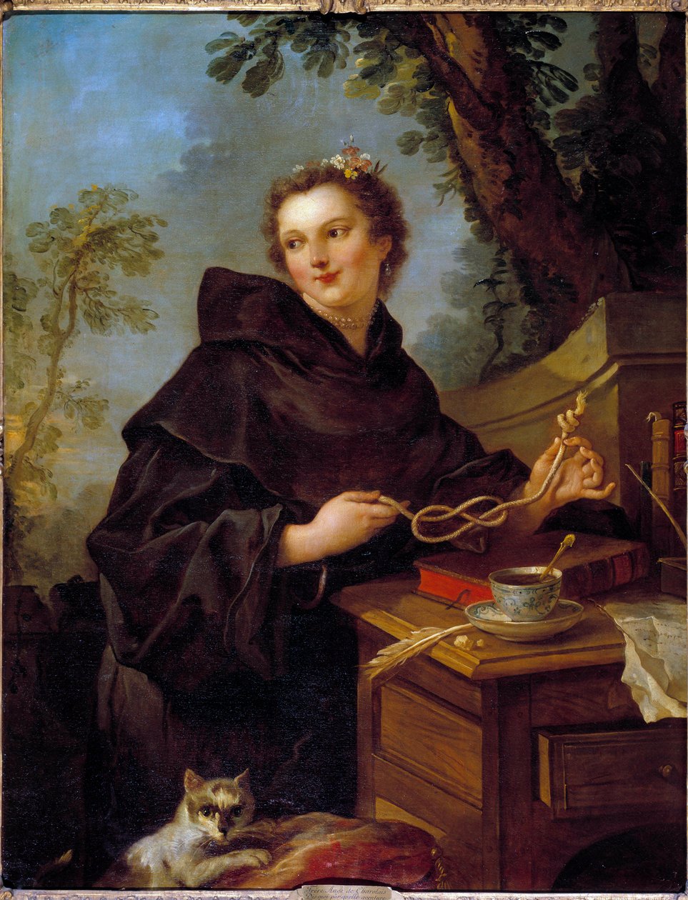 Portrét Louise Anne De Bourbon Conde, Mademoiselle De Charolais (1695-1758), vnučky Ludvíka XIV. Mezi jeho rukama mořský uzel (uzel z osmi). Obraz od Charlese Josepha Natoire (Charles-Joseph Natoire od Charles Joseph Natoire