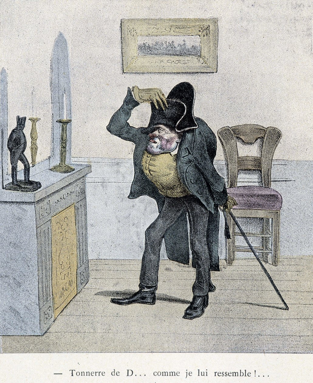 Thunder of D... jak vypadám jako on!... Cartoon of Travies z 19. století zobrazující muže, který se srovnává se soškou Napoleona. od Charles Joseph Travies de Villiers