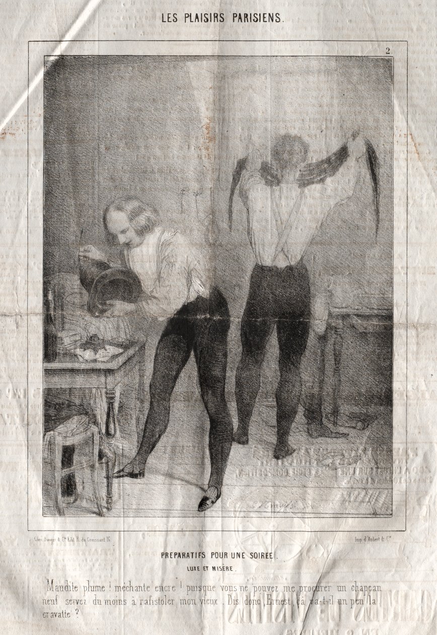 Les Plaisirs Parisiens: Přípravy na večer. Luxus a bída. Prokleté pero! špatný inkoust!... od Charles Joseph Traviès de Villers
