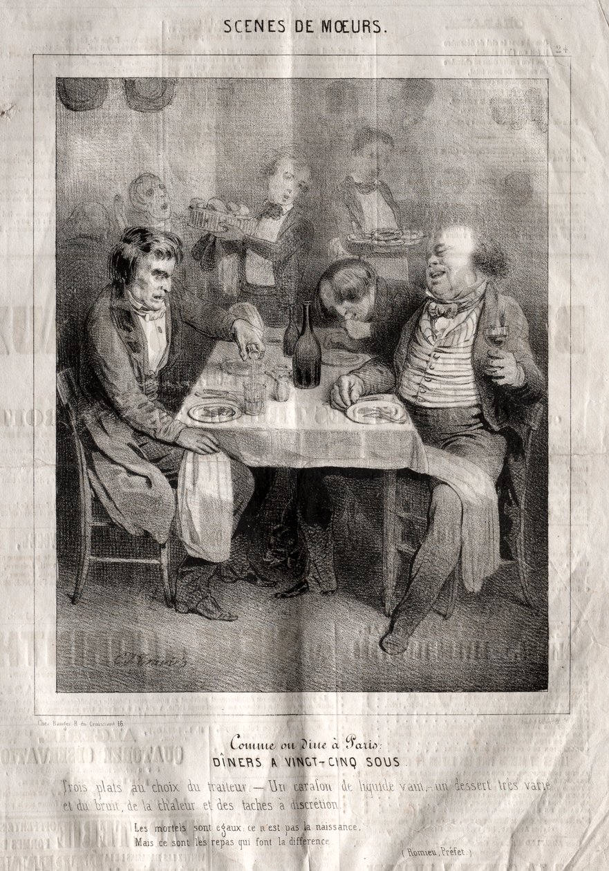Scény chování: Like or dine in Paris. Diners za dvacet pět sous. Tři talíře vybrané dodavatelem od Charles Joseph Traviès de Villers