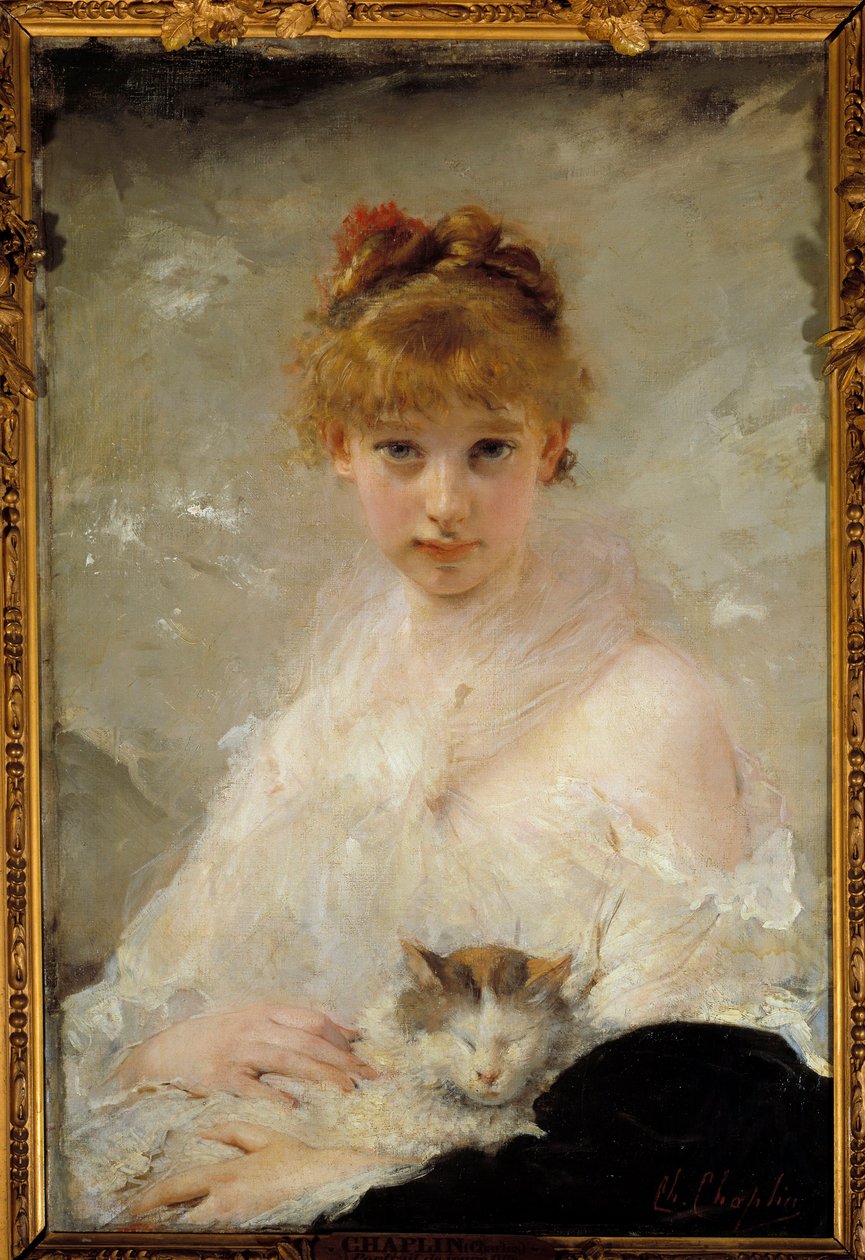 Obraz Mladá dívka s kočkou od Charlese Chaplina (1825-1891) Compiegne z 19. století, Národní muzeum na zámku od Charles Joshua Chaplin