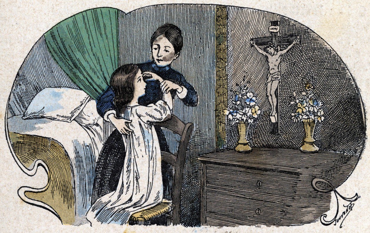 Znamení kříže. v „“ Celý náboženský charakter – Věřím v bohy“, sd., ilustrace Jouvenota z konce 19. století. Knihovna katechismů. Paříž. Kolekce Leemage od Charles Jouvenot