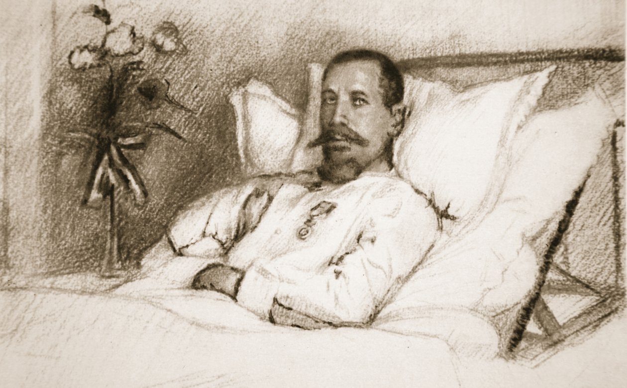 Vůdce, jehož zraněný sir Ian Hamilton nazval neštěstí: Generál Gouraud, v nemocnici v Paříži, z The Illustrated War News, 1915 litho od Charles Jules Duvent