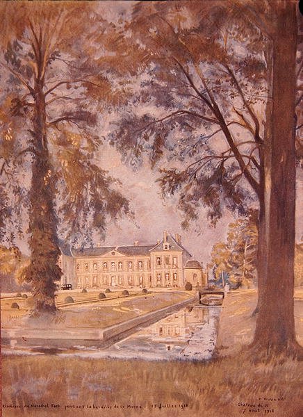 Chateau de Bombon, poblíž Melun, Francie, 7. srpna 1918 (akvarel na papíře) od Charles Jules Duvent