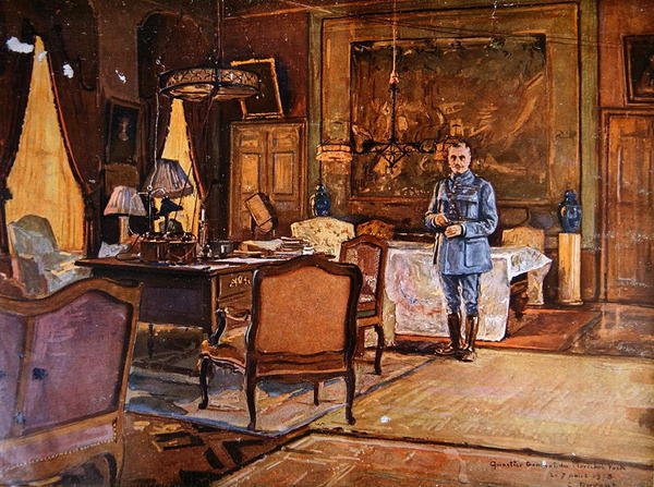 Maršál Ferdinand Foch ve svém štábu, 7. září 1918, Paříž (barevná rytina) od Charles Jules Duvent