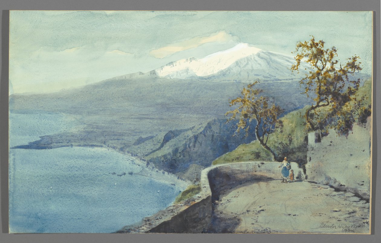Pohled na Etnu z Taorminy, Sicílie, 1925 (wc na papíře připevněném na kartonu) od Charles King Wood