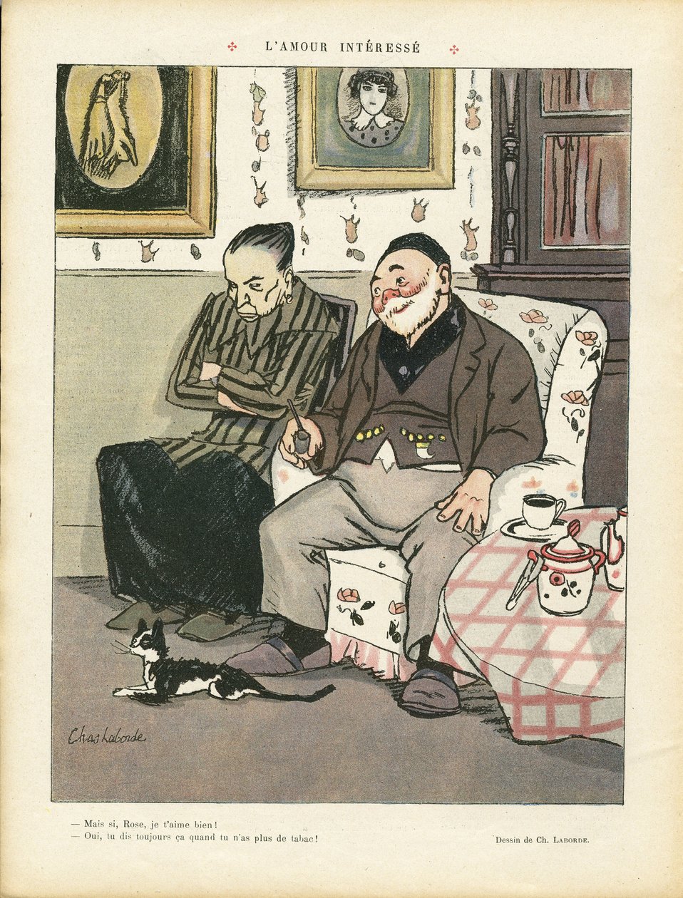 Ilustrace Chas-Laborde (1886-1941) v Le Rire, 05.04.13 - Zájmová láska - Láska, Kouření, Architektura interiéru, Gastronomický kuchař, Třetí věk, Tabák - Kočka od Charles Laborde