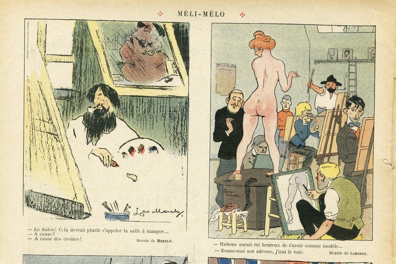 Ilustrace Chas-Laborde (1886-1941) v Le Rire, 21/03/08 - Meli-Melo - Umění, výuka, nahota - Model (který pózuje) od Charles Laborde