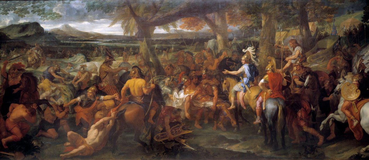 Alexandr a Porus. V roce 327 př. n. l. Alexandr Veliký pokračoval ve svém dobývání směrem k údolí Indu. V roce 326 př. n. l. porazil Purua (neboli Porose, krále kmene Paurava ve 4. století př. n. l.) a jeho armádu válečných slonů v bitvě u Hydaspe. Malován od Charles Le Brun