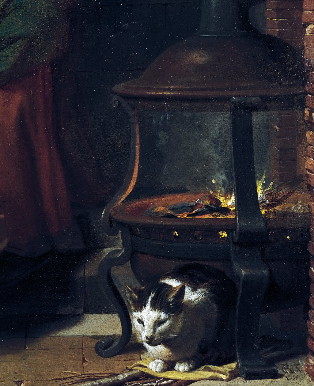 Kočka pod hořícím košem, detail ze Spícího Jezulátka, obraz Charles Le Brun (1619-1690), olej na plátně, 87x118 cm, Francie od Charles Le Brun