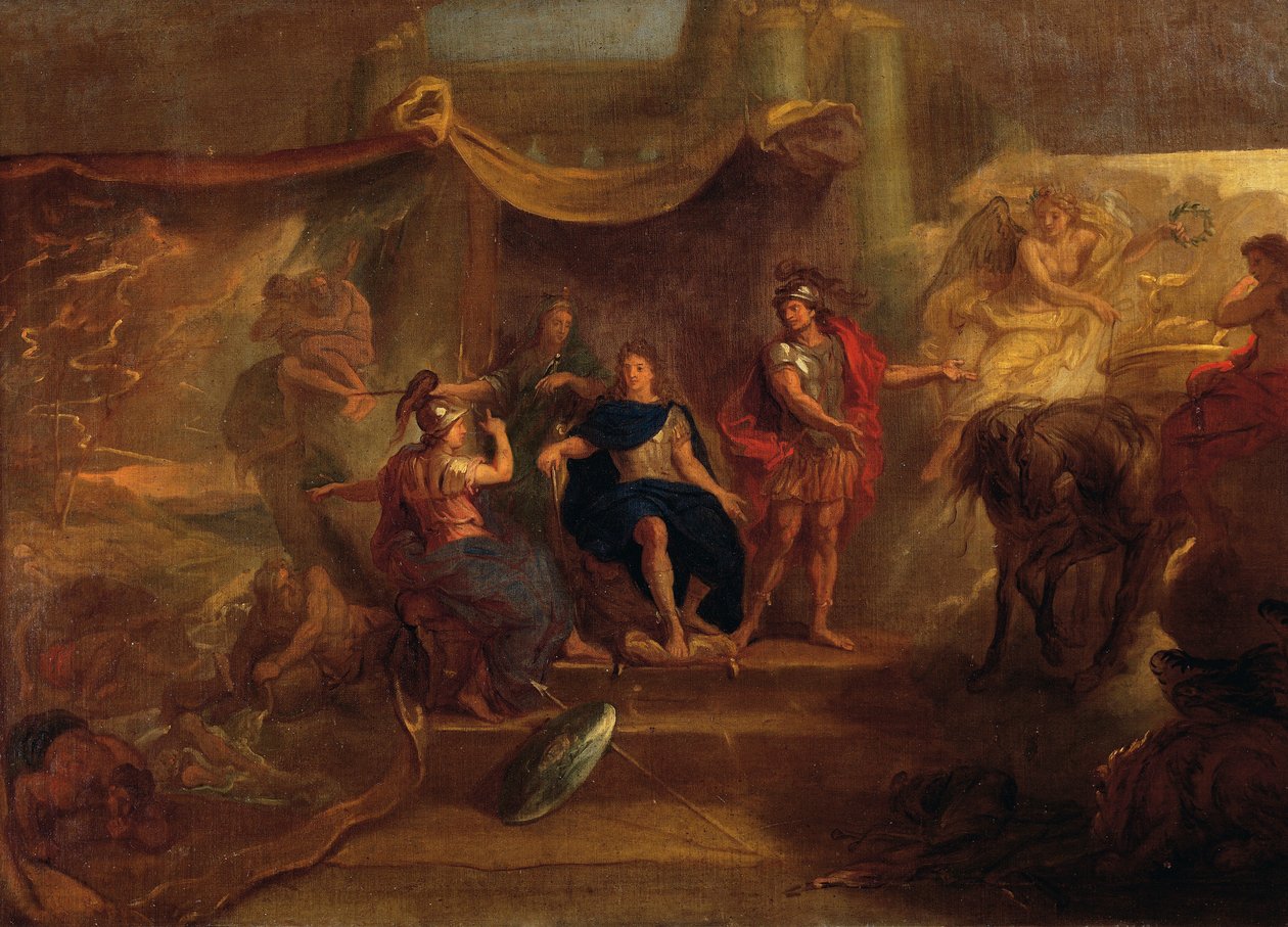 Rozhodnutí vést válku proti Nizozemsku, nástropní malba z Galerie des Glaces ve Versailles od Charles Le Brun