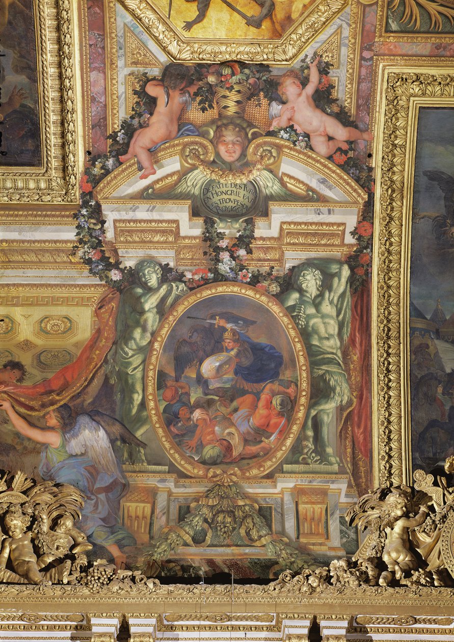 Porážka Turků v Uhrách královskými vojsky v roce 1664, nástropní malba z Galerie des Glaces od Charles Le Brun