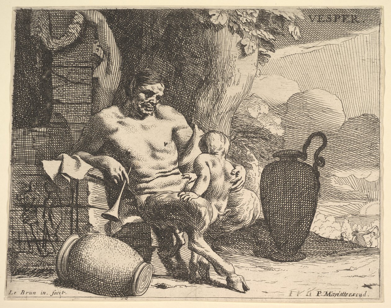 Večer: sedící satyr sevře své dítě, na molu za ním postava zavěsí girlandu, f..., ca. 1640. od Charles Le Brun