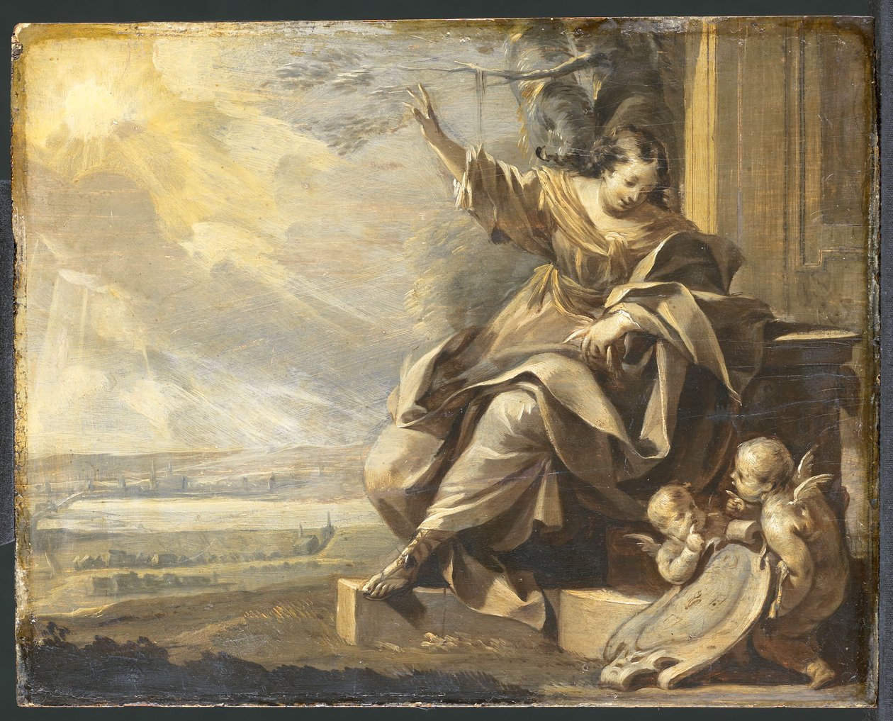 Německy: Sedící ženská postava se dvěma putti a říční krajina, grisaille Alegorická ženská postava se dvěma putti od Charles Le Brun