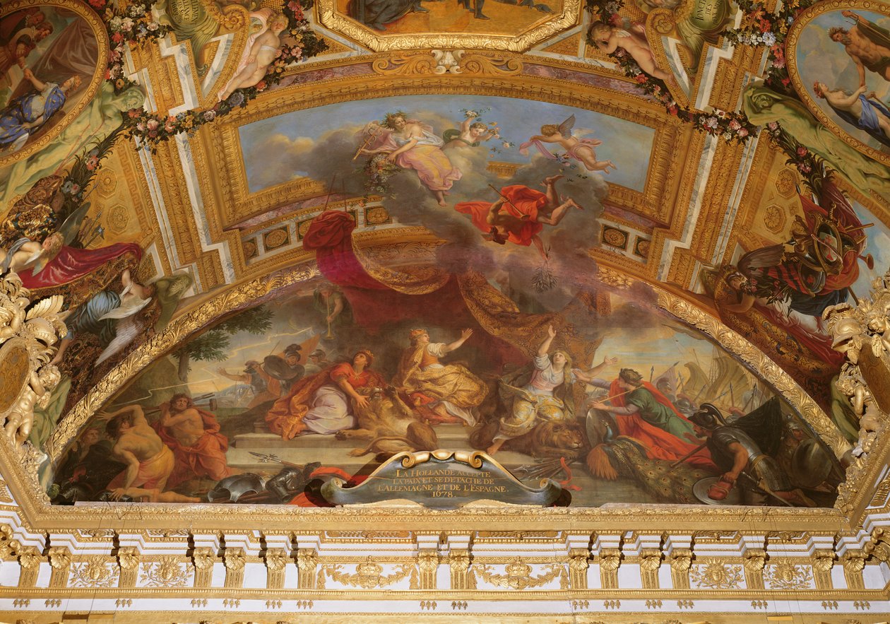 Holandsko přijímá mír a odpoutává se od Svaté říše římské a od Španělska v roce 1678, nástropní malba z Galerie des Glaces od Charles Le Brun