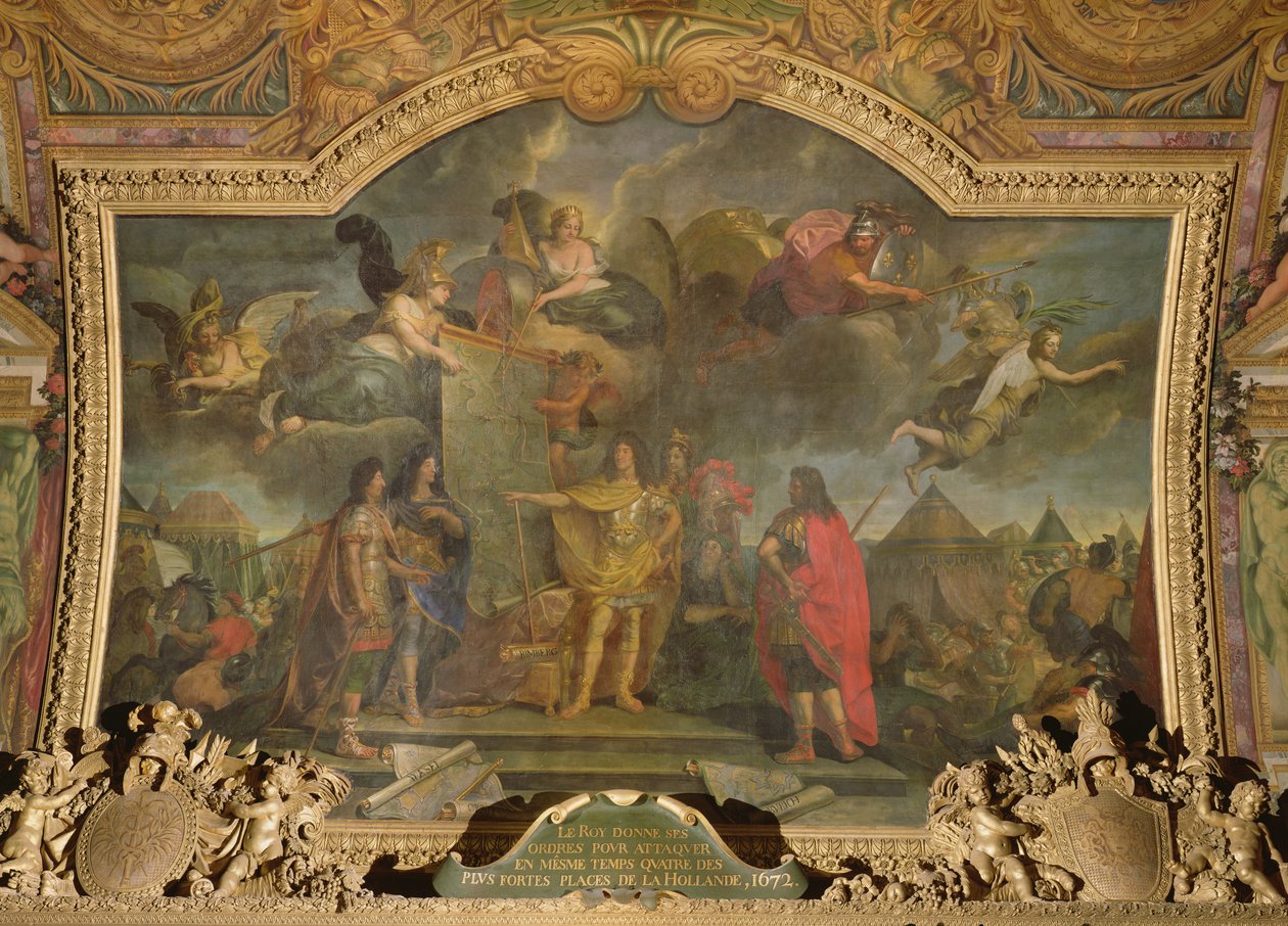 Král Ludvík XIV. (1638-1715) dává rozkaz k současnému útoku na čtyři nejsilnější holandské pozice v roce 1672, Stropní malba z Galerie des Glaces od Charles Le Brun