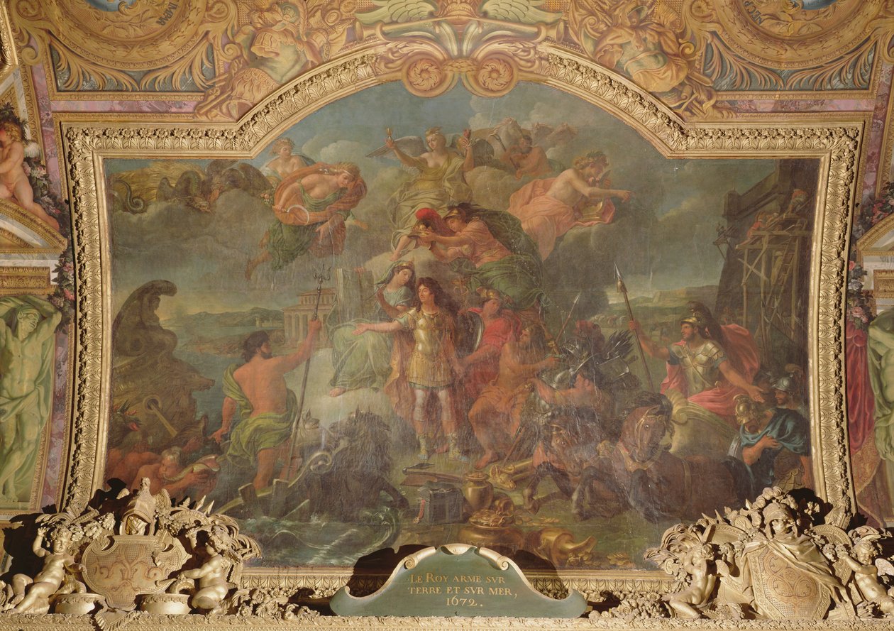 Král Ludvík XIV. (1638-1715) přebírá zbraně na souši a na moři v roce 1672, Stropní malba z Galerie des Glaces od Charles Le Brun