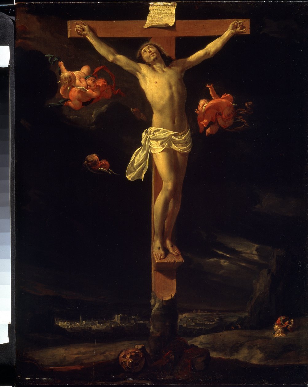 Ukřižování (The Crucifixion). Na kříži lze číst latinský nápis „His est iesus rex iudeorum““ (Toto je Ježíš, král Židů). Obraz Charlese Le Bruna (1619-1690) od Charles Le Brun