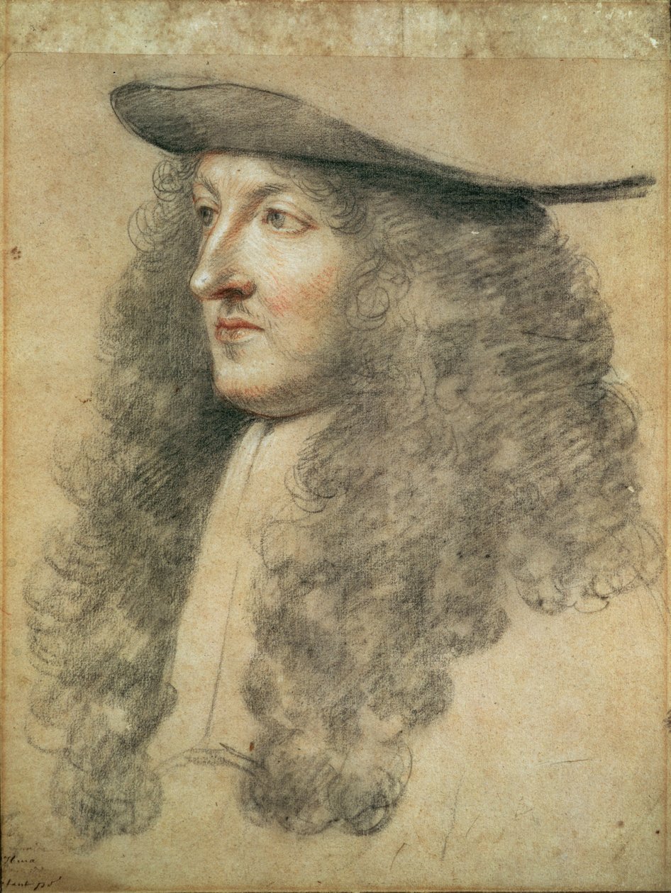 Portrét hlavy krále Ludvíka XIV., kolem roku 1663 (černá, červená a bílá křída na papíře) od Charles Le Brun
