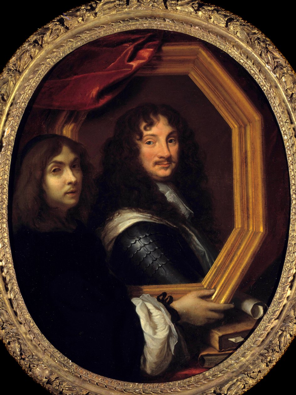 Portrét umělce (nebo autoportrét) představující vojenský obraz Charlese Lebruna (Le Brun) (1619-1690) Slunce ze 17. století. 1,04x0,85 m - Portrét umělce (nebo autoportrétu) držícího portrét armády. Obraz Charles Lebru od Charles Le Brun