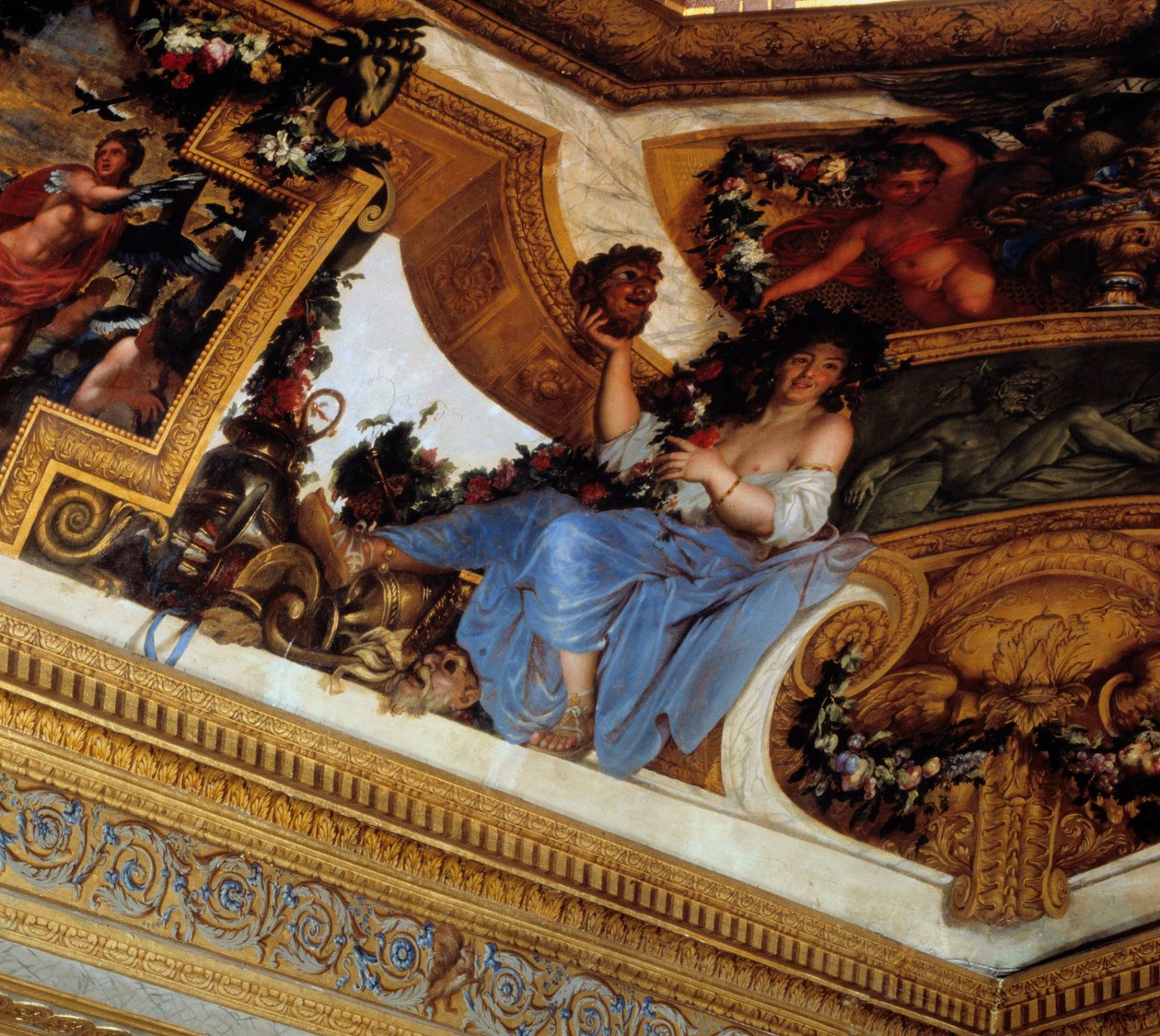 Thalie, jedna z múz, patronka komedie a pastýřské poezie Detail obrazů Salon des Muses od Charlese Lebruna (Le Brun) (1619-1690) Chateau de Vaux Le Visomte (Vaux-Le-Vicomte), Seine, 17. století et Marne. od Charles Le Brun