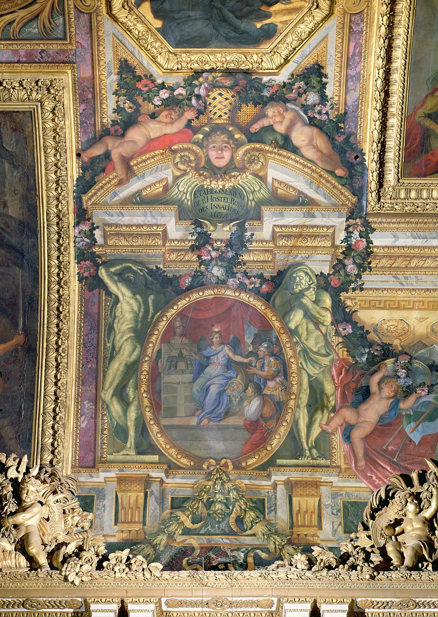 Založení hotelu Royal des Invalides v roce 1674, nástropní malba z Galerie des Glaces od Charles Le Brun
