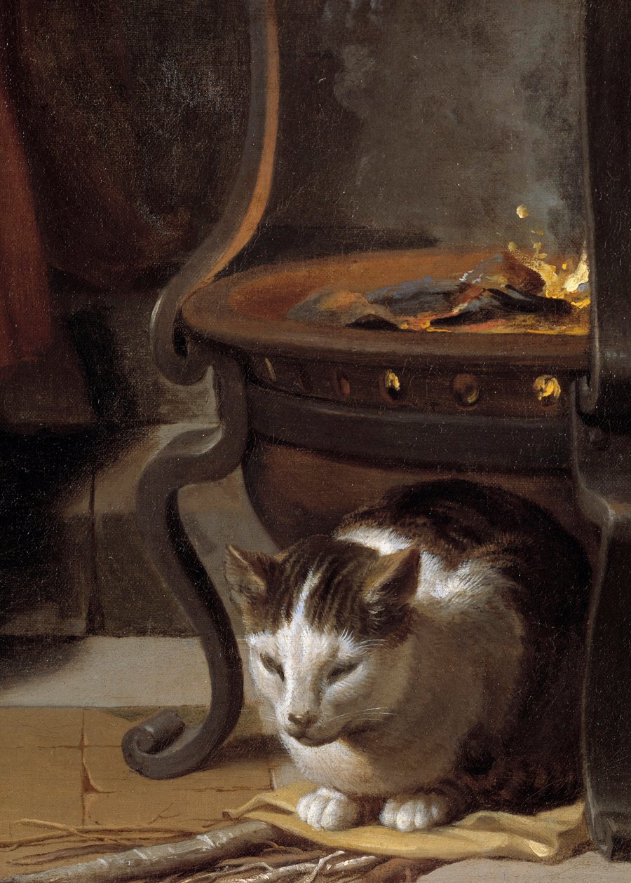 Spánek Ježíška Detail zobrazující kočku spící pod kamny. Obraz Charlese Lebruna (Le Brun) (1619-1690) 1655 Ne. 0,87x1,18 m od Charles Le Brun