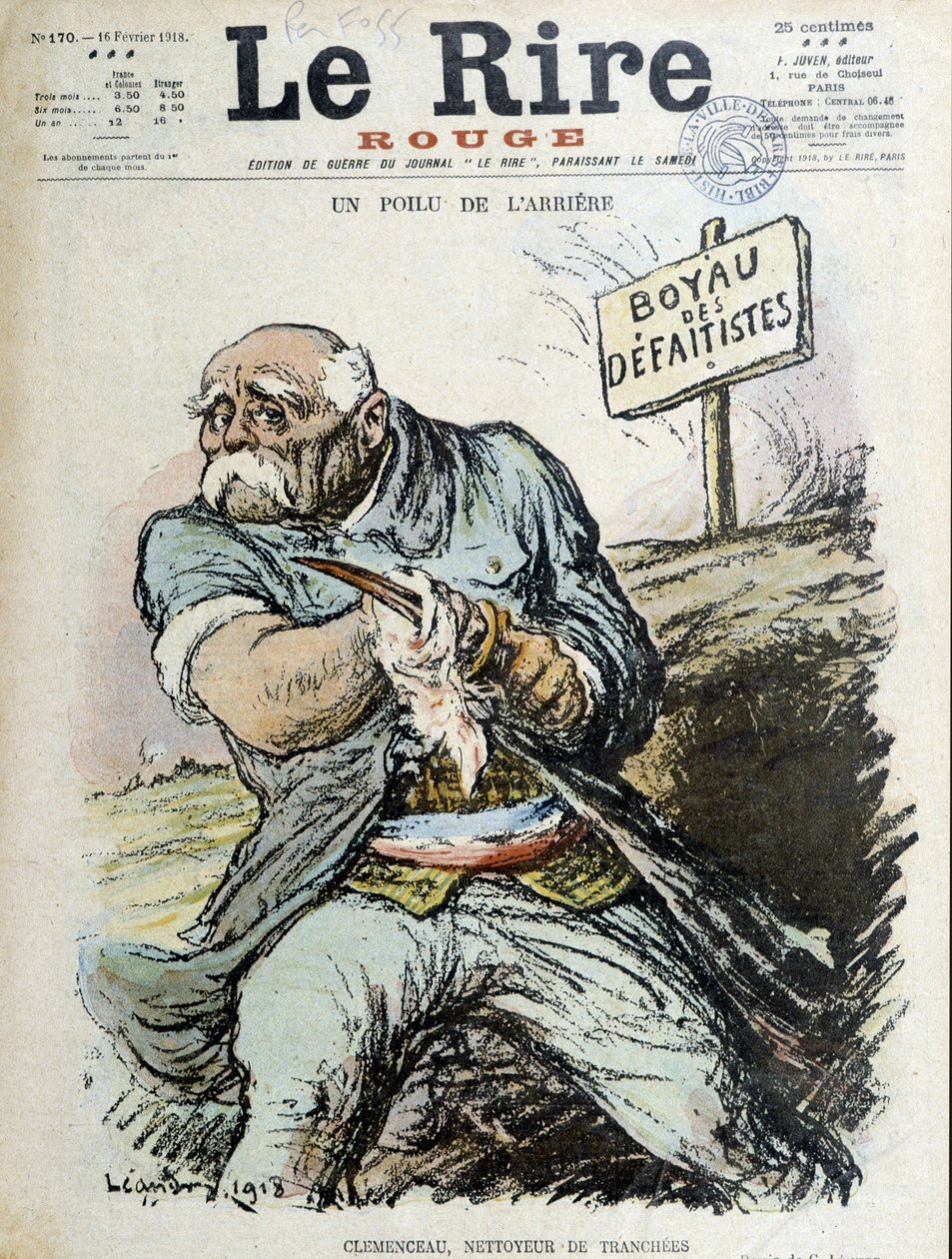 Chlupatý záď: Clemenceau, čistič příkopů. Obálka „Smích“ z 16.2.1918 od Charles Leandre