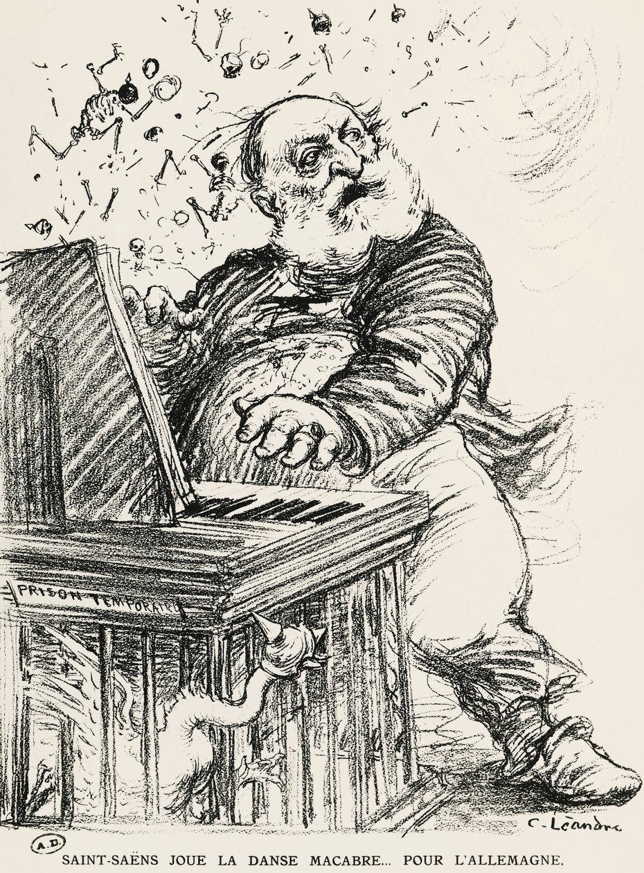 Karikatura Charlese Camille Saint-Saense, francouzského skladatele, klavíristy a varhaníka od Charles Leandre