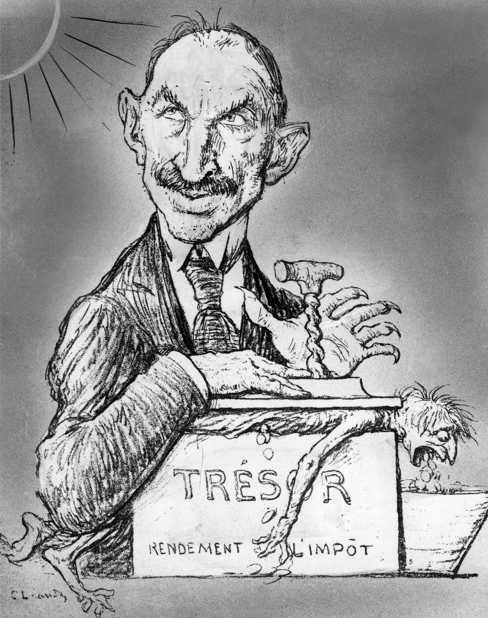Karikatura od Charlese Leandrea francouzského ministra financí Charlese de Lasteyrie zveřejněná v novinách Le Rire 26. listopadu od Charles Leandre