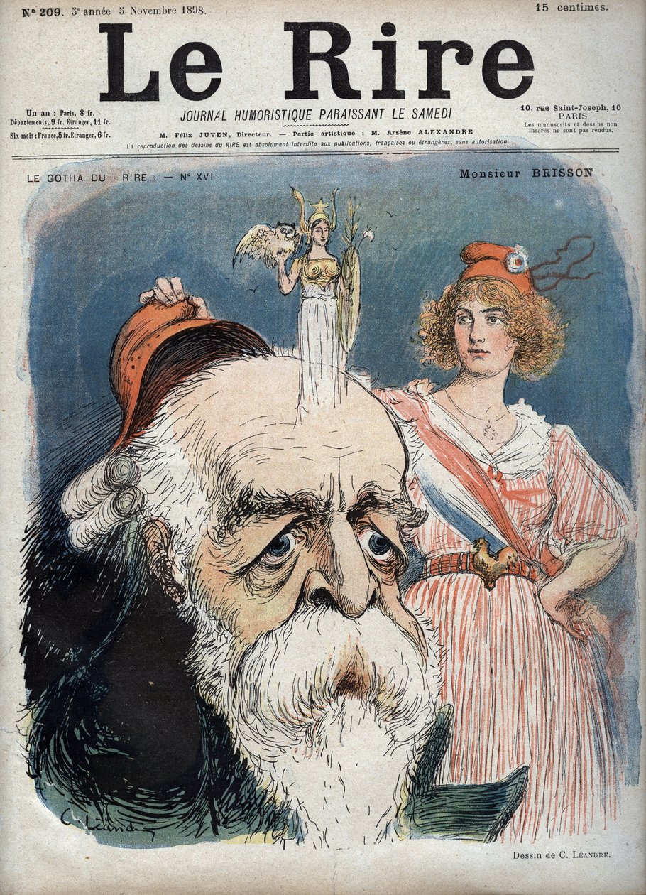 Eugene Henri Brisson (1835-1912), francouzský právník, novinář a politik - Marianne zvedne z Bressonovy hlavy červenou čepici a zdá se, že z její hlavy povstane bohyně Athéna se všemi atributy - karikatura Charlese Leandra (1862-1934) v „“ Le Rire“““ z od Charles Leandre