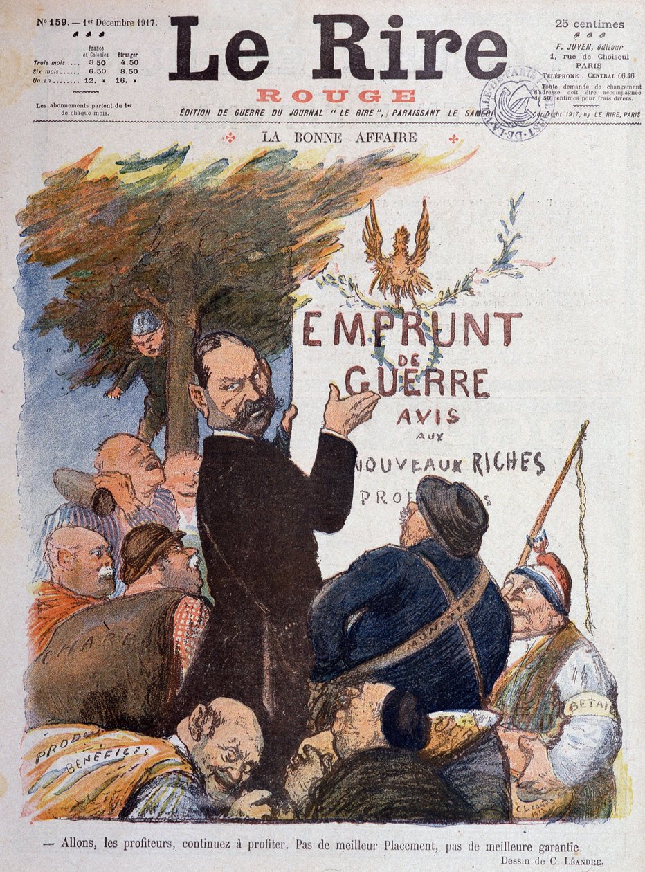 První světová válka (1914-1918): Karikatura na podporu válečné půjčky, zdroj příjmů pro zisky obohacené obchodem s uhlím, střelivem a droby - Kresba Charlese Leandre (1862-1934), na obálku Le Rire Rouge od Charles Leandre