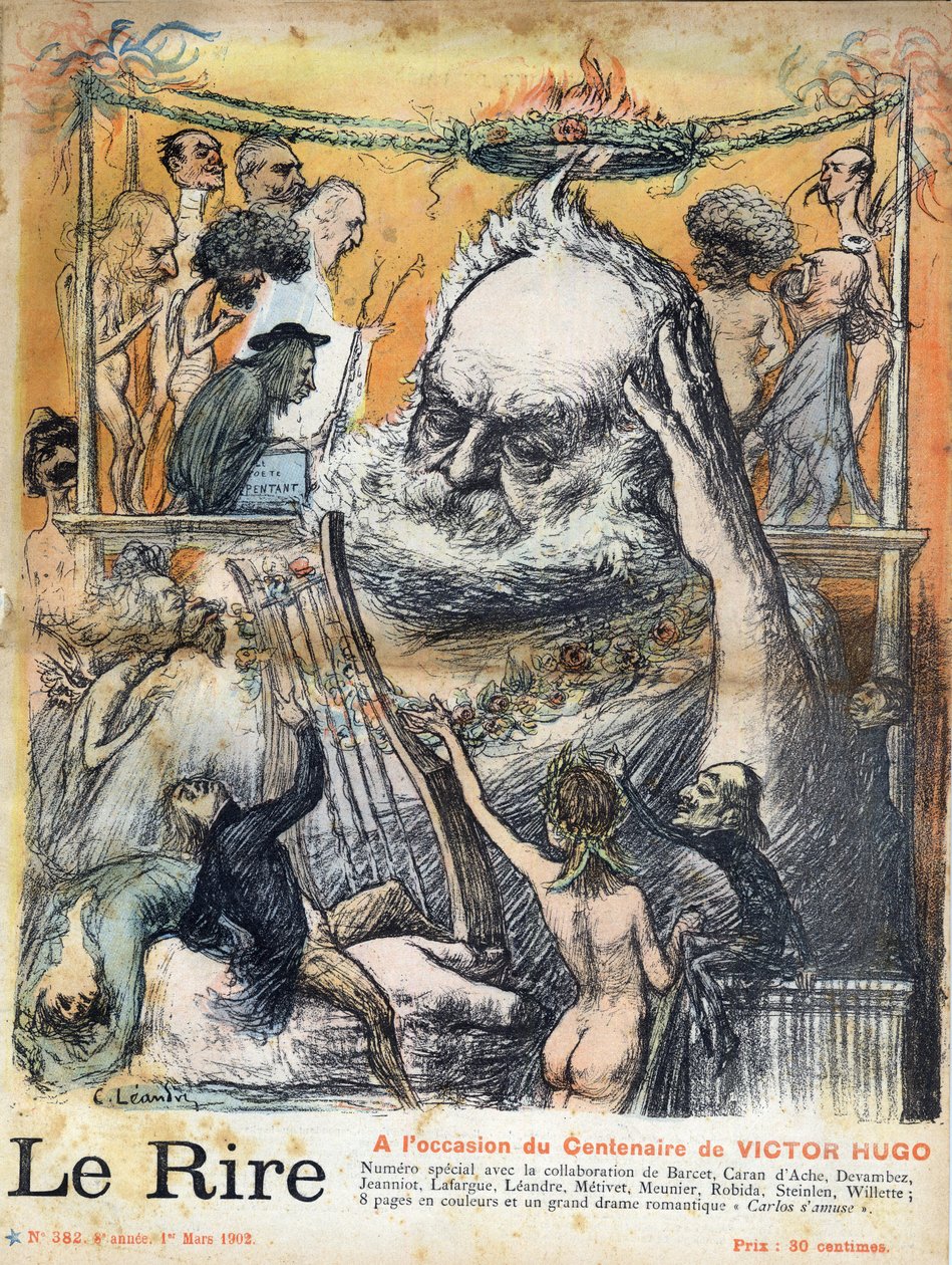První strana novin „“Le rire““ z 1. března 1902 věnovaná stému výročí narození Victora Huga: Victor Hugo kreslený od Charlese Leandra - Victor Hugo francouzský spisovatel, Charles Leandre, titulní strana papíru z března 1902 od Charles Leandre