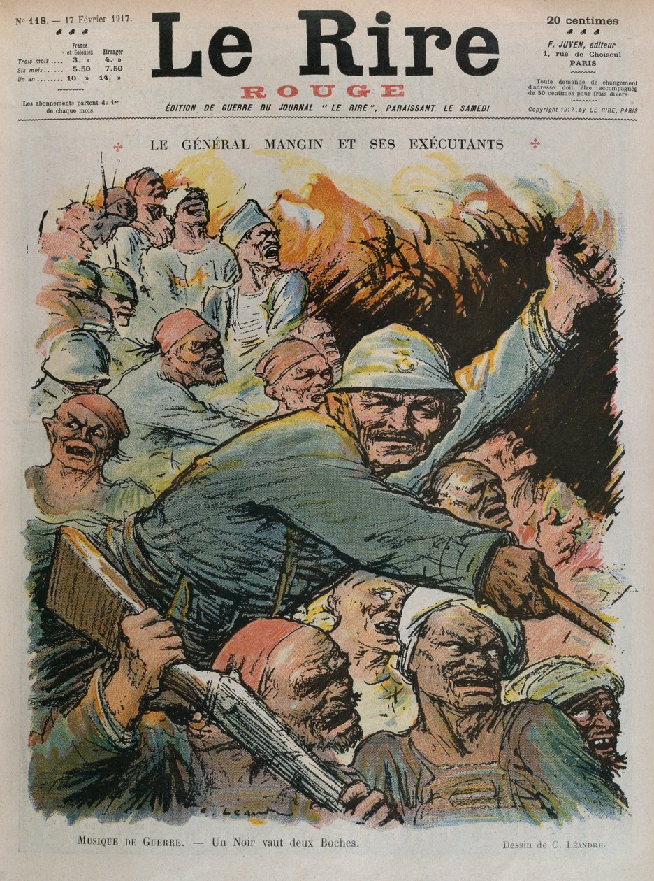 Generál Charles Mangin a jeho poskoci, černý je stejně dobrý jako dva Boche, ilustrace přední obálky z 