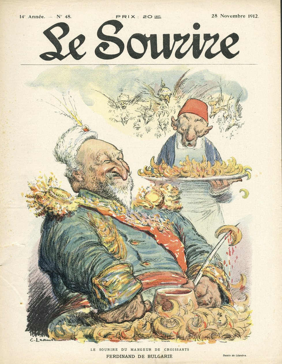 Ilustrace Charles Leandre (1862-1934) na obálku Le Smile, č. 48, 28. 11. 12 - Úsměv požírače croissantů - Turecko, Orient, Balkán, Bulharsko - Ferdinand de Bulgaria od Charles Leandre