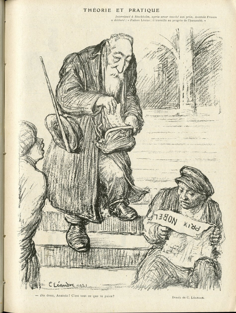 Ilustrace Charles Leandre (1862-1934) v Le Rire, 31/12/21 - Teorie a praxe - Nobelova cena - Lenine, Francie Anatole od Charles Leandre