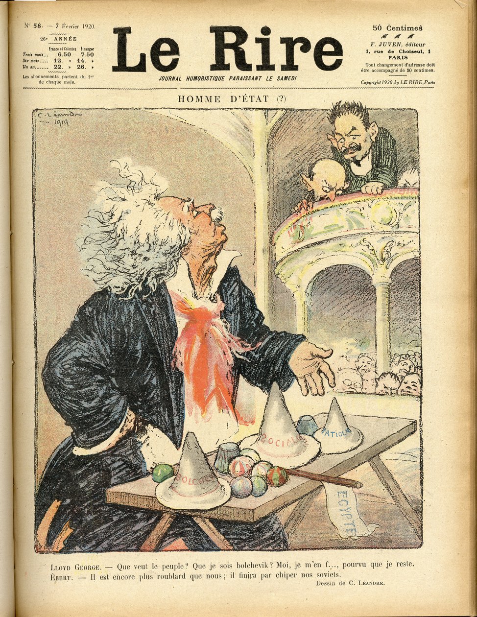 Ilustrace pro obálku Le Rire, 07.02.1920 - Státník - David Lloyd George a Ebert Friedrich (1871-1925) od Charles Leandre