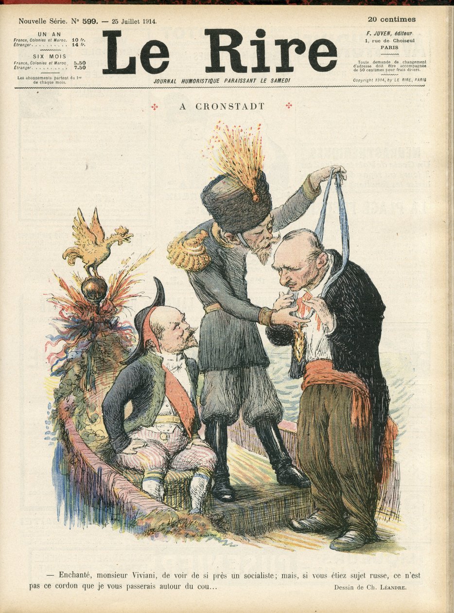 Ilustrace Charlese Leandra (1862-1934) pro obálku Le Lire, 25/07/14 – „“ Okouzlující Monsieur Viviani, aby tak zblízka viděl socialistu, ale kdybyste byl ruský subjekt, není to ta šňůra, kterou bych předat vám." - A crondstadt - Rusko, Cro od Charles Leandre