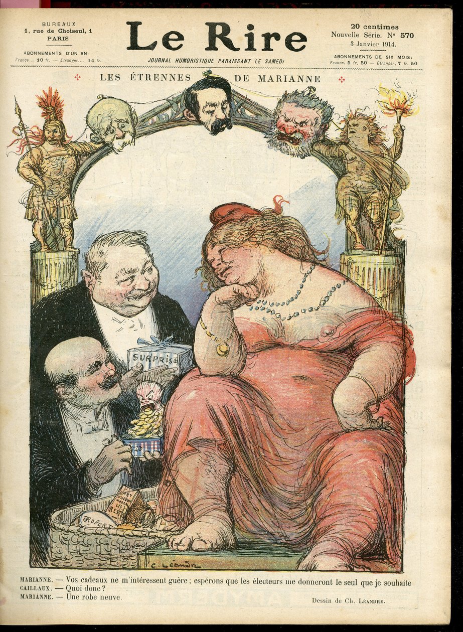 Ilustrace Charlese Leandra (1862-1934) pro obálku Le Rire, 3.1.14 - Les strennes de Marianne - Tribun - Clemenceau George, Jaures Jean, Briand Aristide, Marianne, Caillaux Joseph (1863-1944) od Charles Leandre