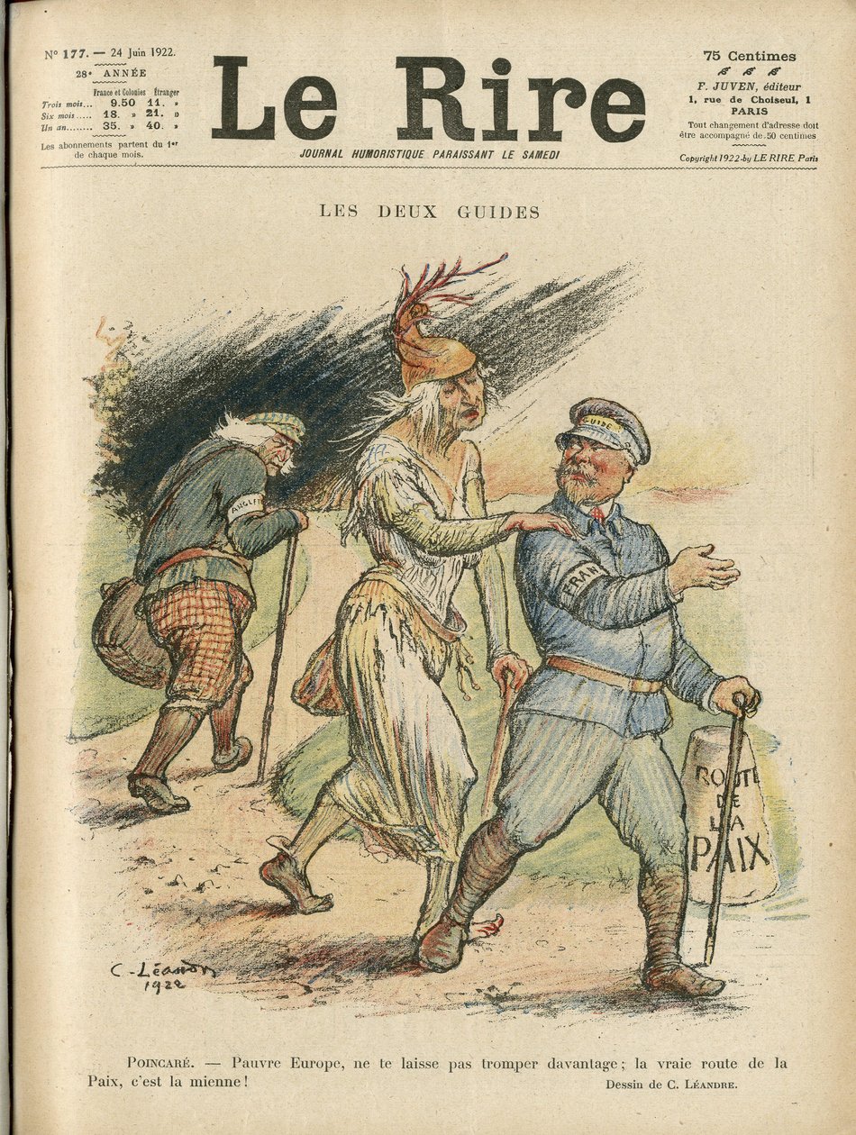 Ilustrace Charlese Leandra (1862-1934) pro obálku Le Rire, 24/06/22 - Dva průvodci - Anglie Velká Británie, Evropa, prezident republiky, Mír, Chapeau - Poinsare Raymond, David Lloyd George (1863- 1945) od Charles Leandre